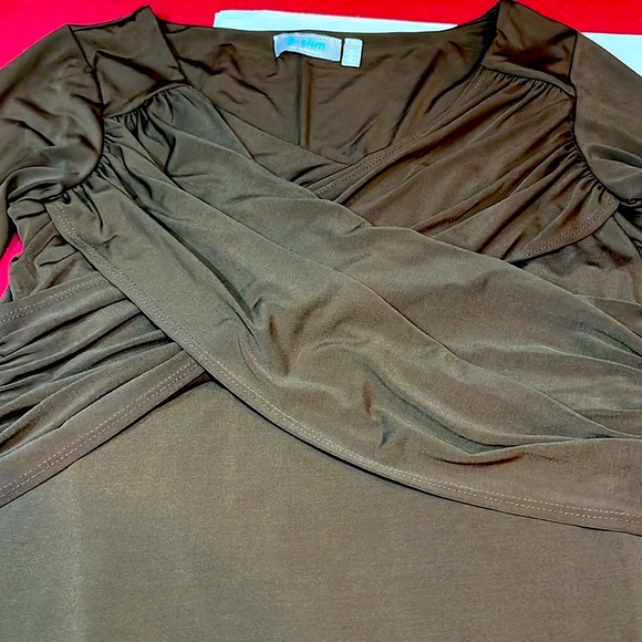 XL BROWN WRAP top DRESS FLATTERING stretchy knit wide neck midi 3/4 Slv slinky - Picture 2 of 14